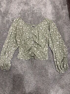 Abercrombie & Fitch Olive Green Floral Ruched Tie-Front Blouse